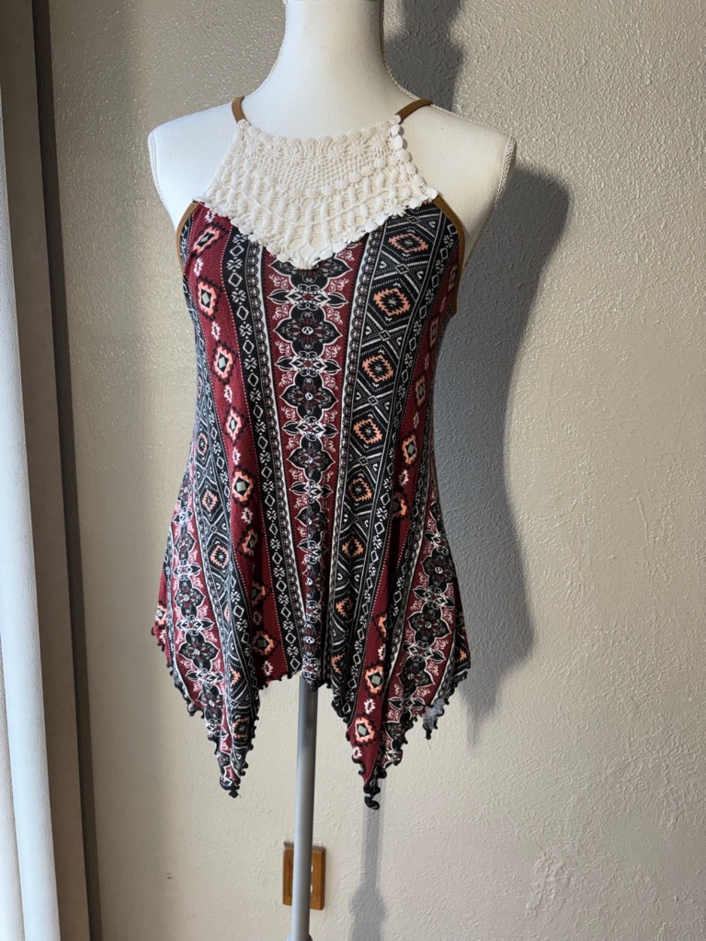 Rue21 Boho Tank Top Tribal  Small Crochet Yoke Halter
